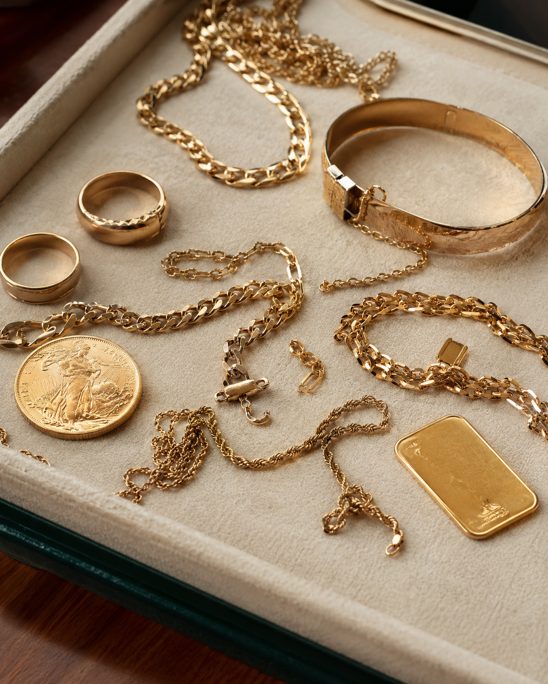 Gold jewelry, coins, scrap gold and bullion