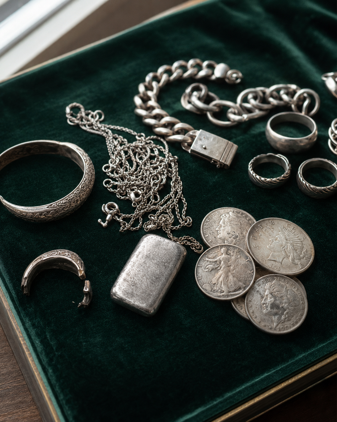 Sterling silver jewelry, coins, bars and flatware
