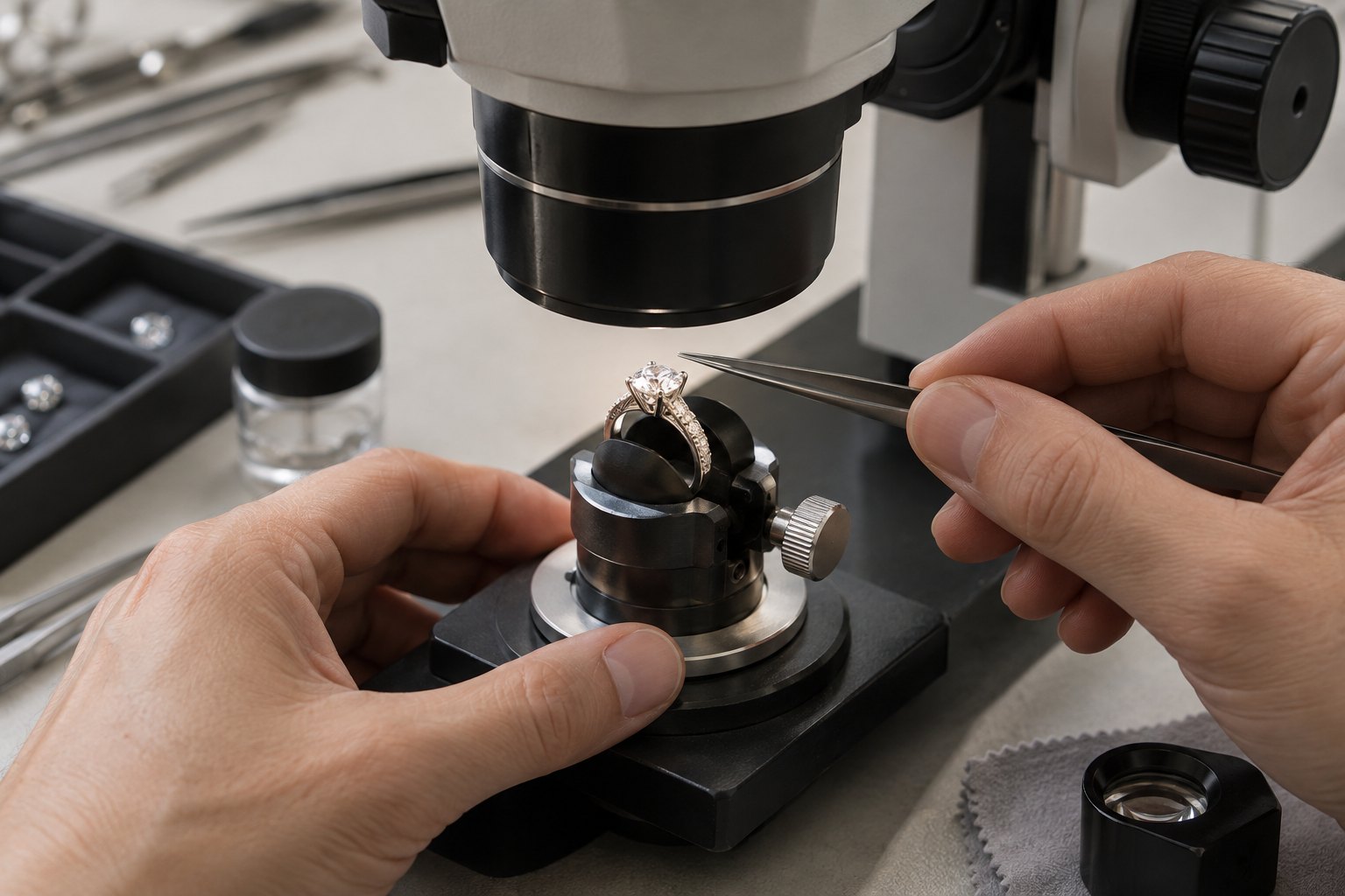 Diamond ring inspected under a gemological microscope