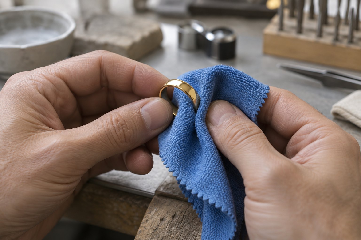 Hands polishing a gold ring with a blue microfiber cloth